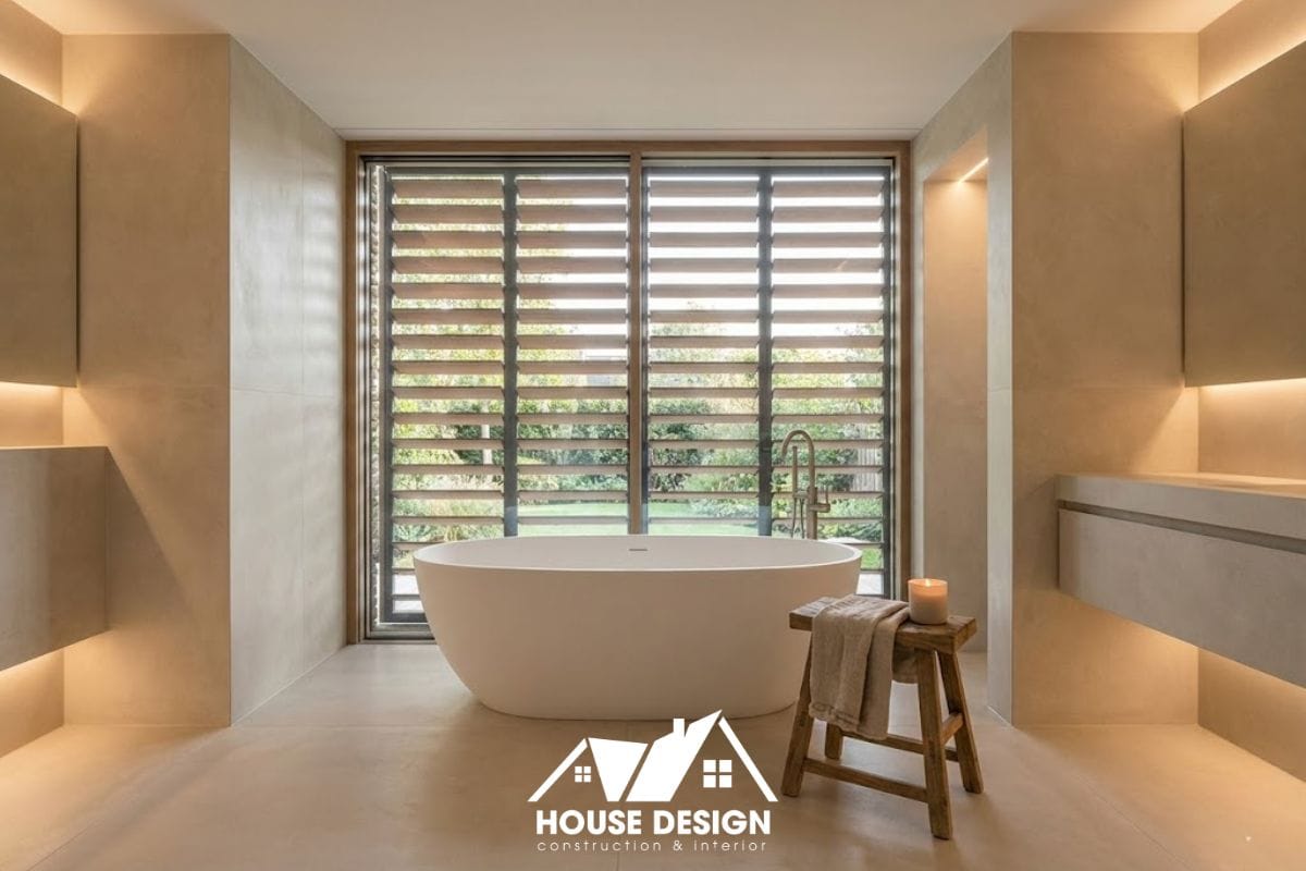 Phòng tắm master trong chung cư phong cách tối giản với bồn tắm nằm và ánh sáng thư giãn.