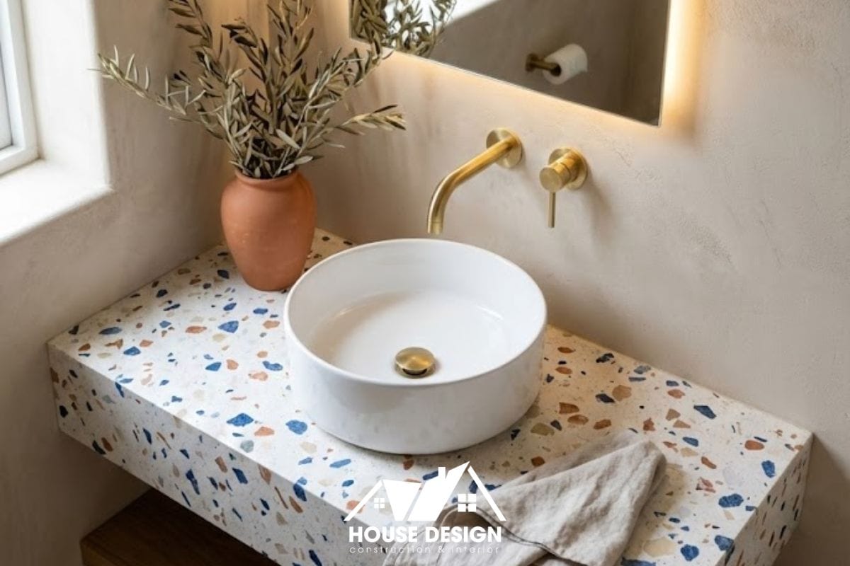 Phòng tắm chung cư phong cách Địa Trung Hải hiện đại với sàn đá mài Terrazzo và gương đèn led hình vòm.