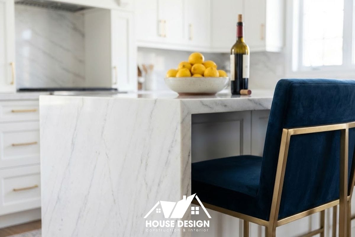 Chi tiết quầy bar ốp đá và ghế ngồi cao cấp trong không gian bếp chung cư phong cách tân cổ điển.