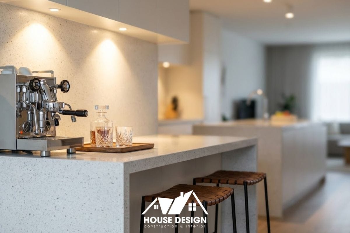 Một góc quầy bar mini kết hợp bàn ăn nhanh trong thiết kế chung cư phong cách tối giản.