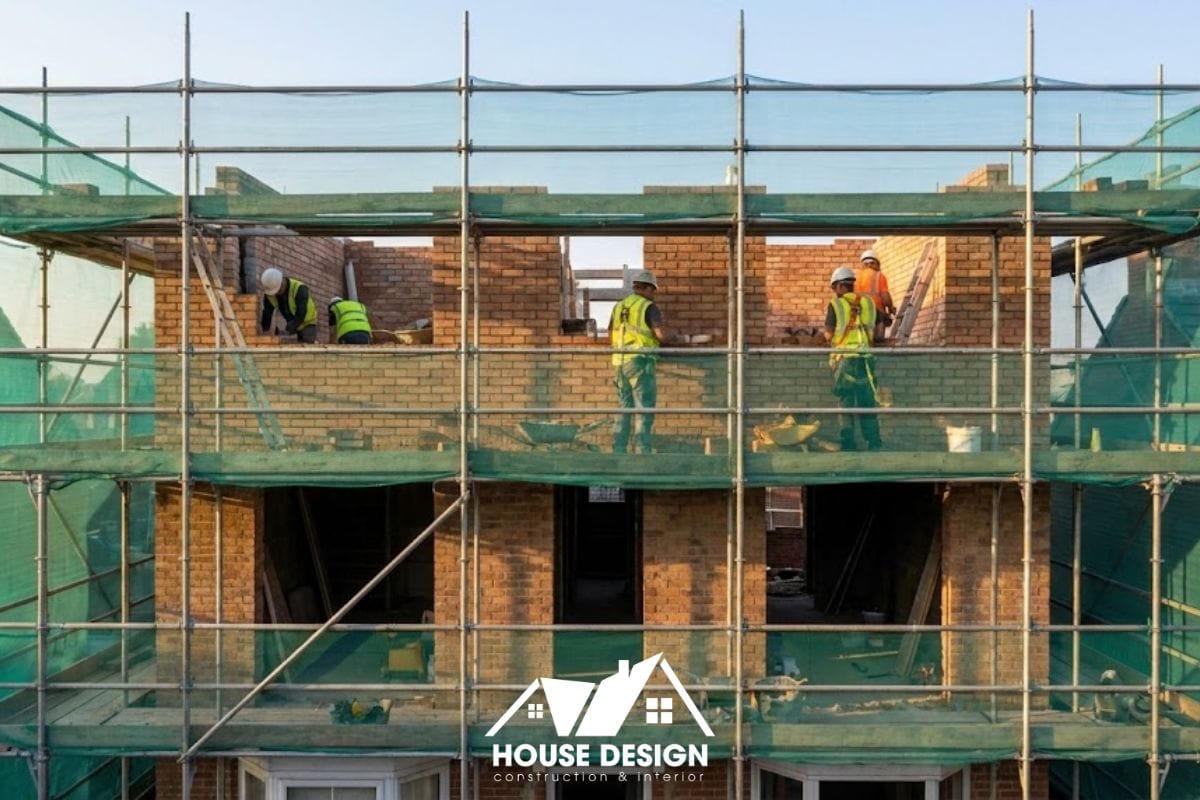 Công trường thi công cải tạo nhà phố với hệ thống giàn giáo an toàn và công nhân đang xây tường tầng 3.