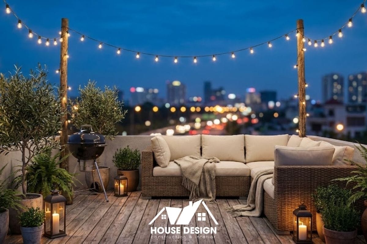 Không gian sân thượng cải tạo thành khu vực thư giãn với ghế sofa mây, dây đèn trang trí và view thành phố về đêm