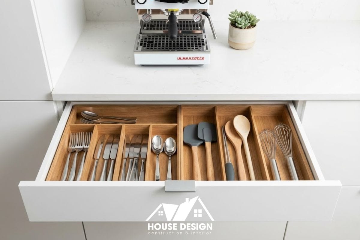 Ngăn kéo bếp được sắp xếp khoa học với các khay chia đồ trong căn hộ tối giản.