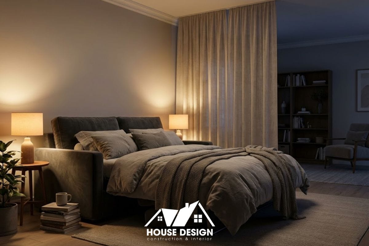 Sofa bed hiện đại đã mở thành giường ngủ kết hợp rèm che nhẹ nhàng trong phòng khách.