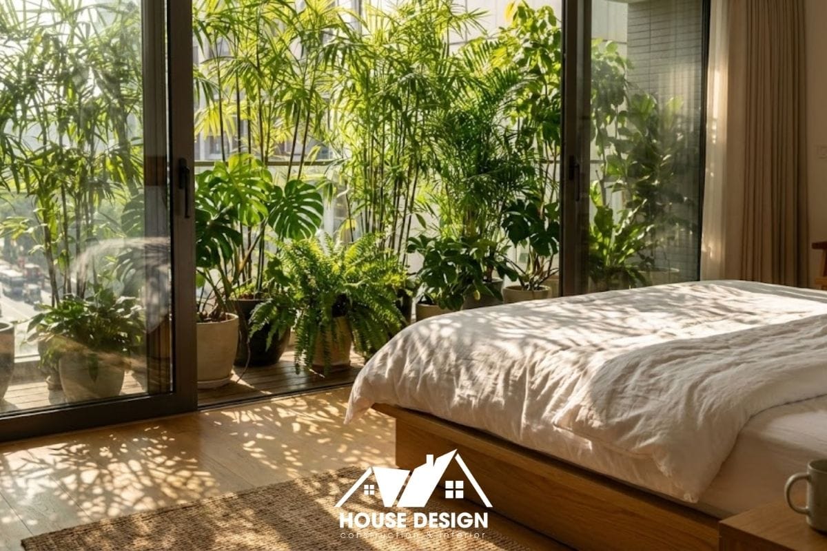 Góc nhìn từ giường ngủ tầng 2 ra ban công, nơi những tán cây xanh đóng vai trò như lớp rèm che nắng tự nhiên.