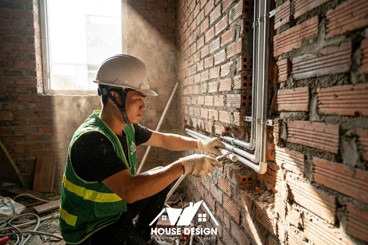 Kỹ sư đang thi công lắp đặt lại hệ thống ống nước và điện âm tường cho nhà cấp 4 đảm bảo an toàn.