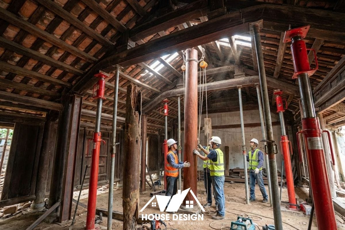 Cảnh thi công sử dụng kích thủy lực để nâng mái và thay thế cột cái bị mục trong dự án cải tạo nhà gỗ xuống cấp nặng.