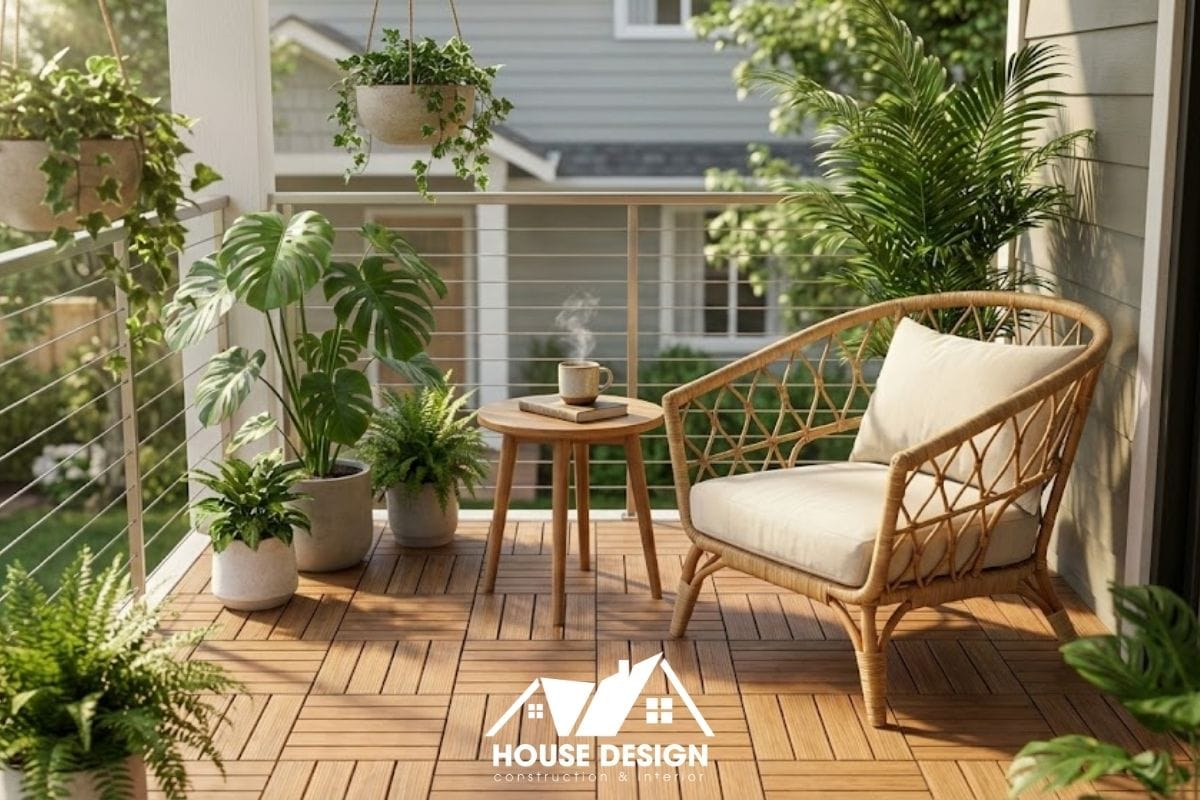 Góc ban công tầng 2 được cải tạo thành khu vườn nhỏ với sàn gỗ, ghế thư giãn và nhiều cây xanh nhiệt đới.