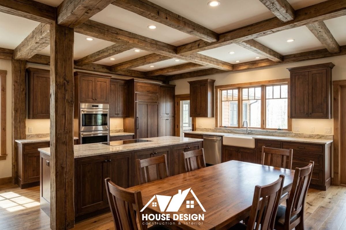 Khu bếp hiện đại với hệ tủ gỗ tự nhiên và mặt đá nhân tạo cao cấp, lắp đặt trong khung nhà gỗ cũ.