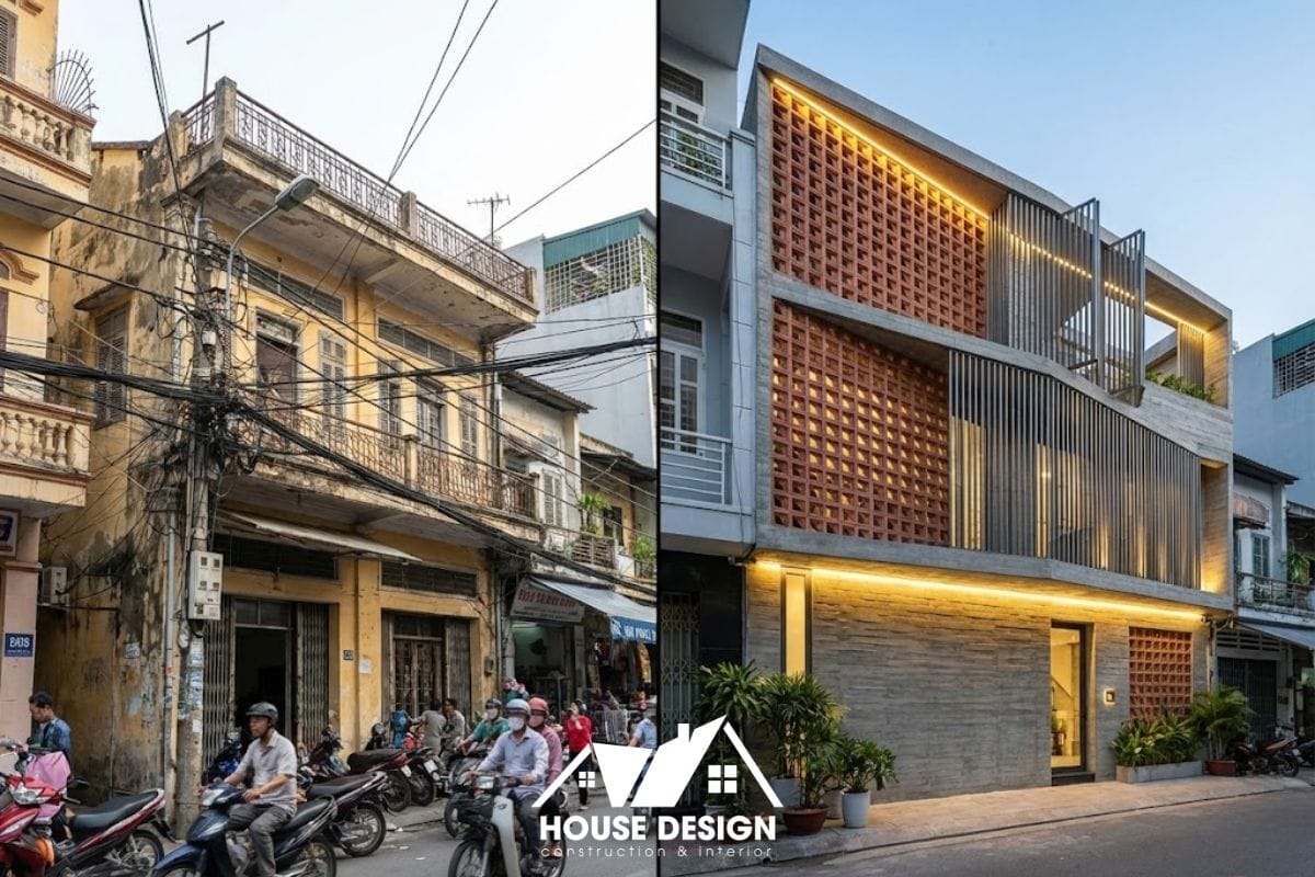 Cải tạo nhà phố phong cách đương đại với gạch thông gió và hình khối kiến trúc phi đối xứng độc đáo.