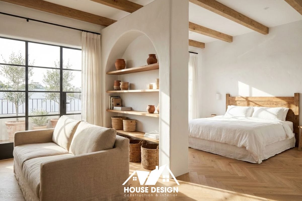 Thiết kế căn hộ studio chung cư phong cách Địa Trung Hải với vách ngăn vòm ngăn cách giường ngủ và phòng khách.