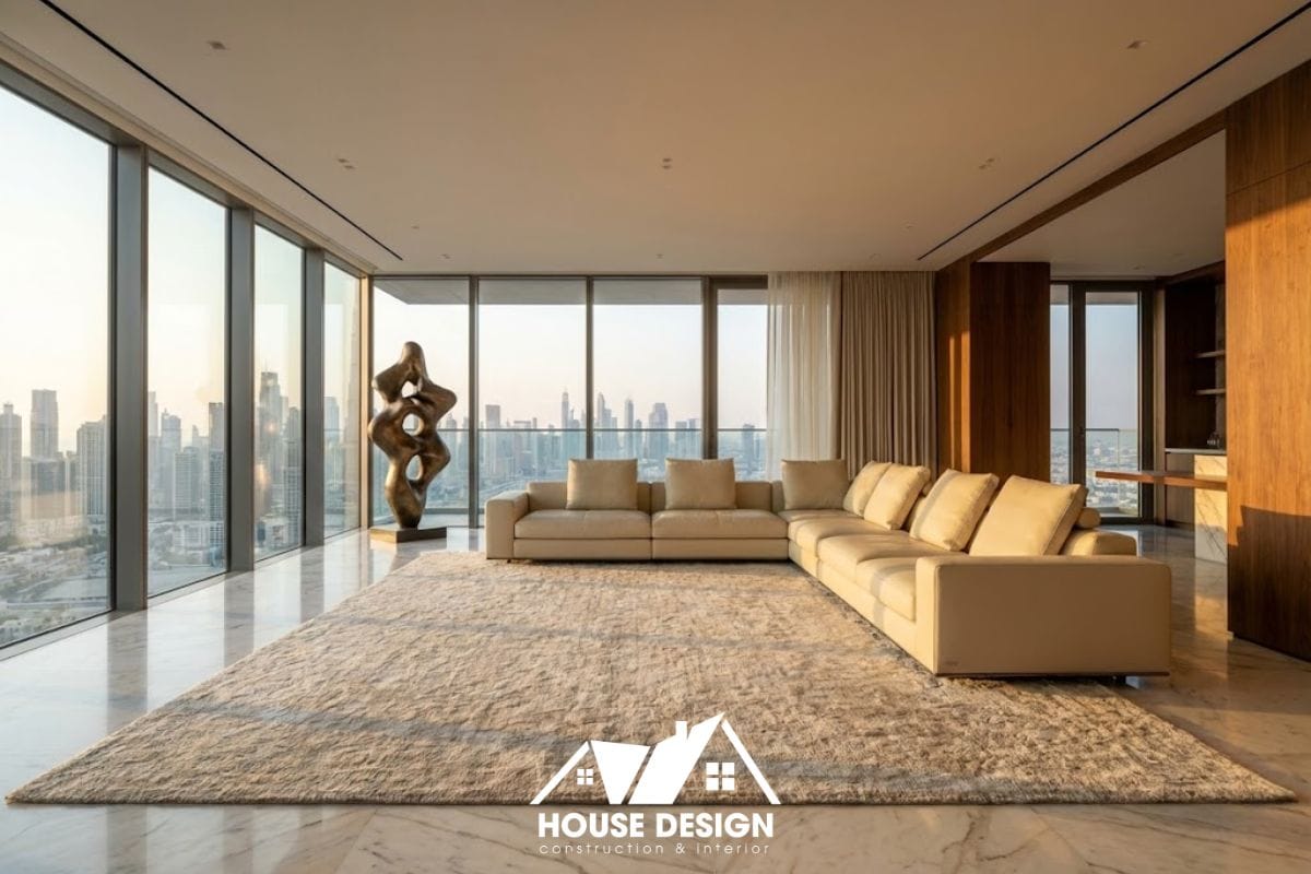 Phòng khách rộng lớn của chung cư phong cách tối giản 100m2 với bộ sofa cao cấp và cửa kính panorama.