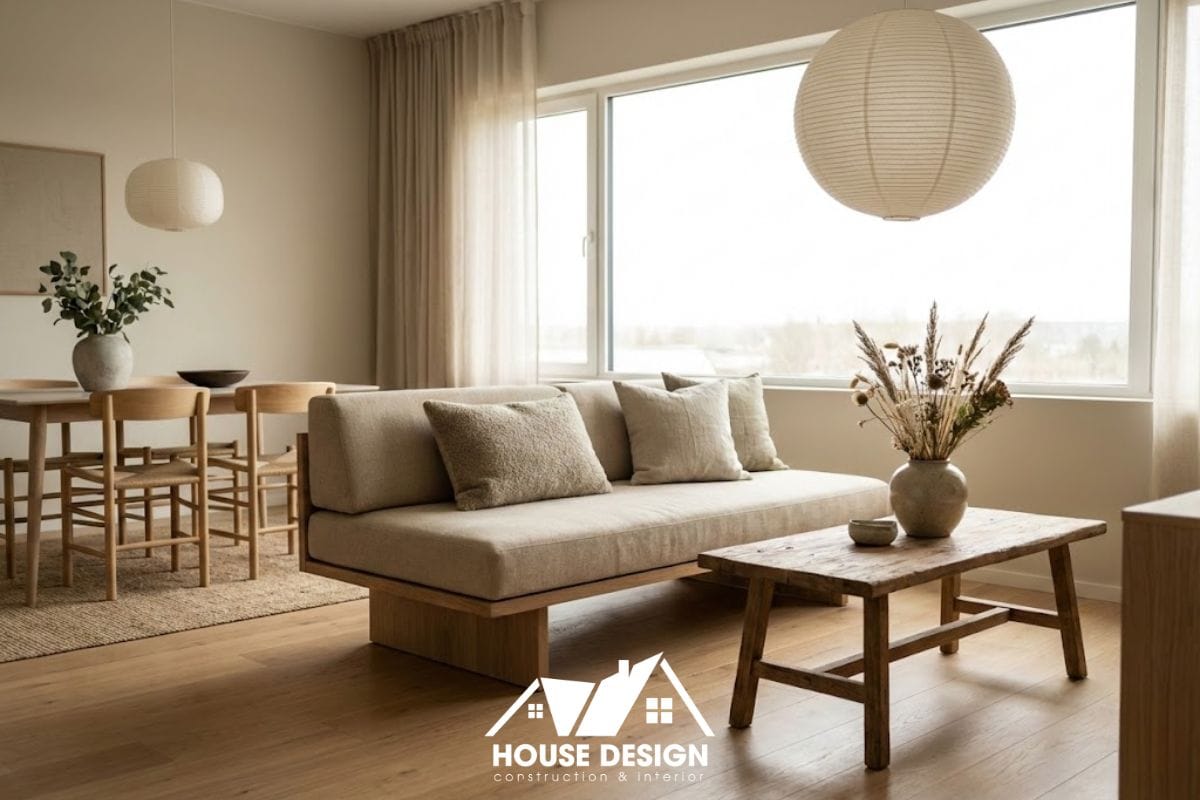 Thiết kế chung cư phong cách tối giản kiểu Japandi kết hợp gỗ sồi sáng màu và nội thất vải màu be ấm áp.