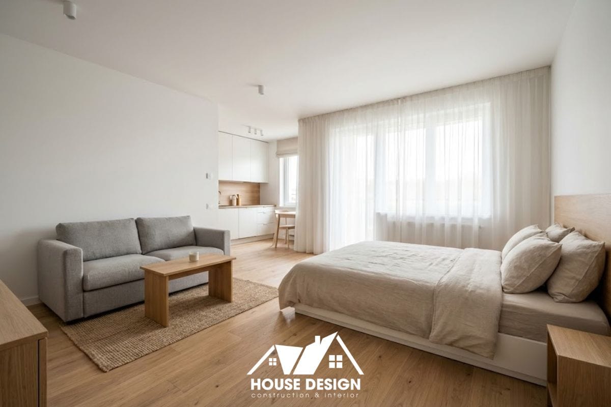 Tổng thể căn hộ chung cư phong cách tối giản dạng studio 35m2 với bố trí giường ngủ và sofa liền mạch.