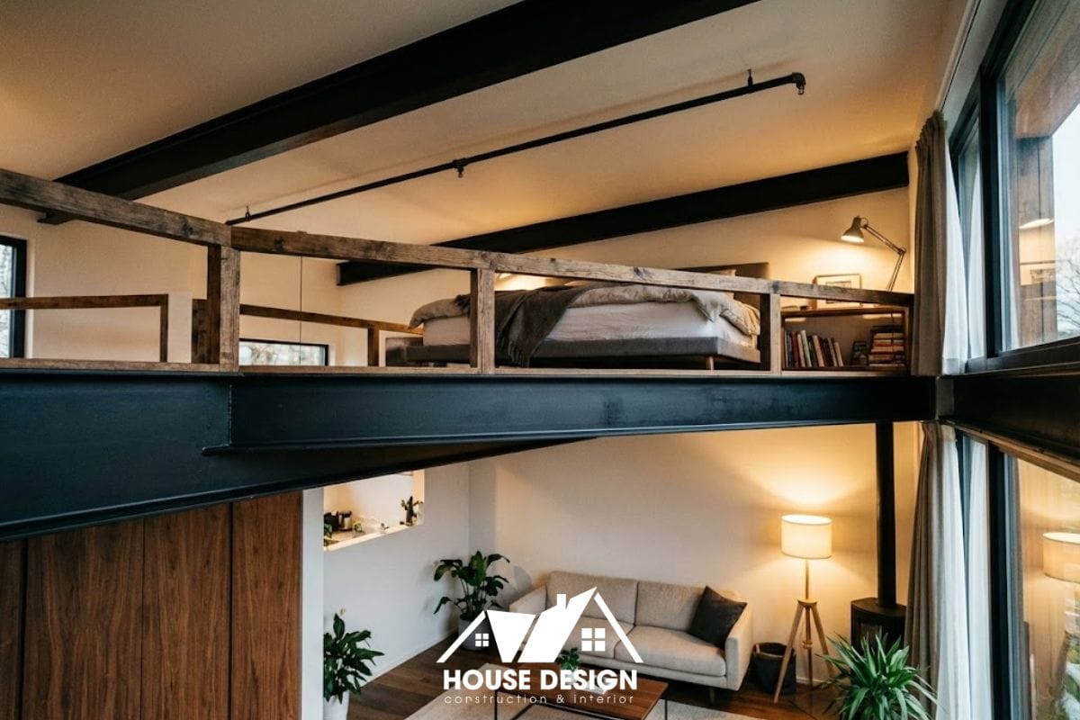 Hệ thống gác lửng khung thép chắc chắn bố trí giường ngủ phía trên, bàn làm việc phía dưới.