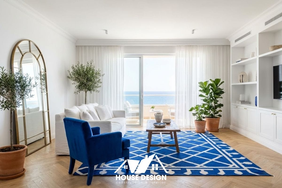 Tổng thể phòng khách chung cư thoáng đãng phong cách Địa Trung Hải với điểm nhấn màu xanh dương và cửa sổ lớn.