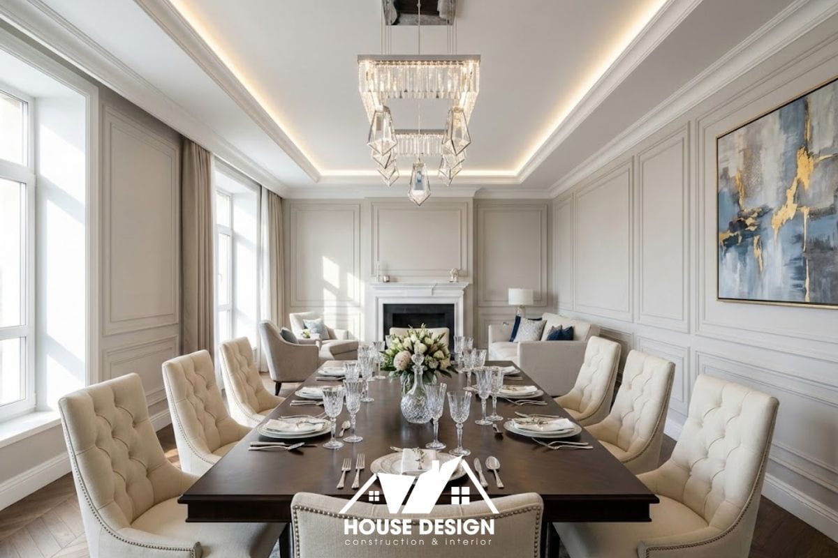 Thiết kế nội thất chung cư tân cổ điển với bố cục đối xứng, trần giật cấp nhẹ và bàn ăn sang trọng.