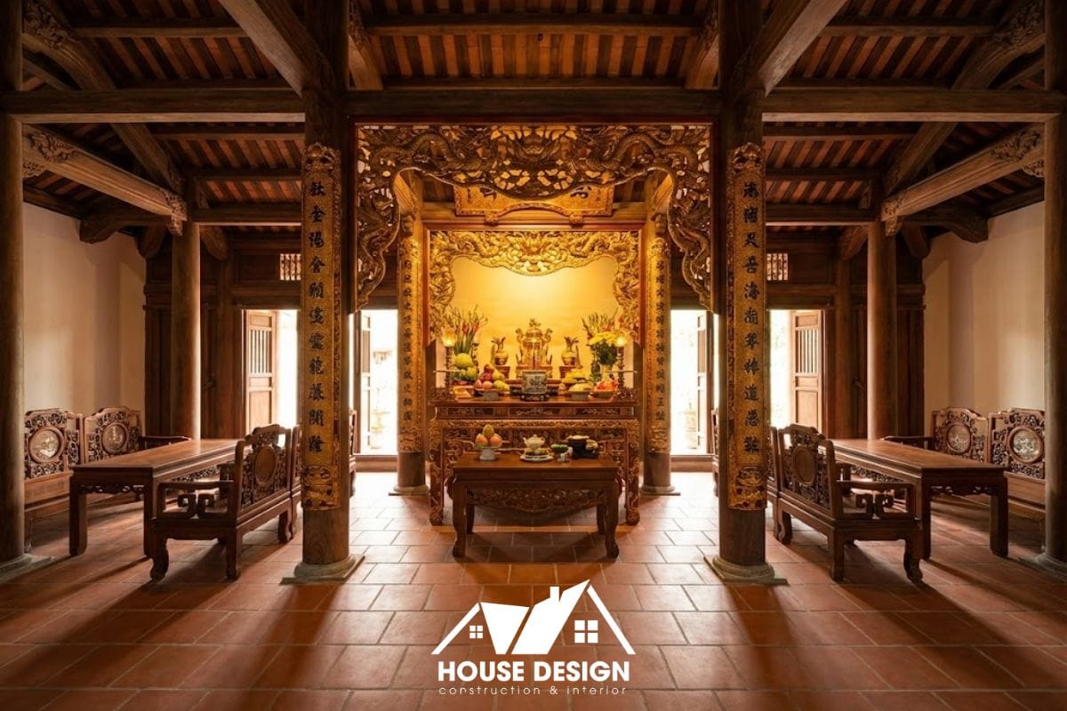 Không gian gian giữa nhà gỗ 3 gian sau cải tạo với bàn thờ trang nghiêm và bộ tràng kỷ gỗ.