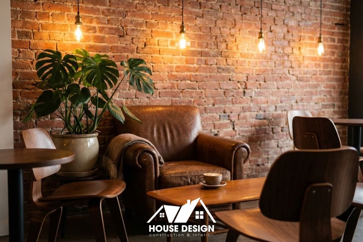 Không gian nội thất quán cafe với tường gạch trần và khung cửa gỗ cũ tạo điểm nhấn check-in độc đáo.