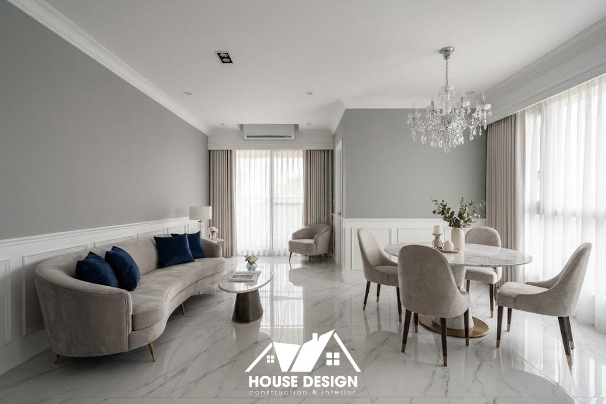 Thiết kế phòng khách liền bếp trong chung cư phong cách tân cổ điển 2 phòng ngủ với tông màu xám trắng thanh lịch.