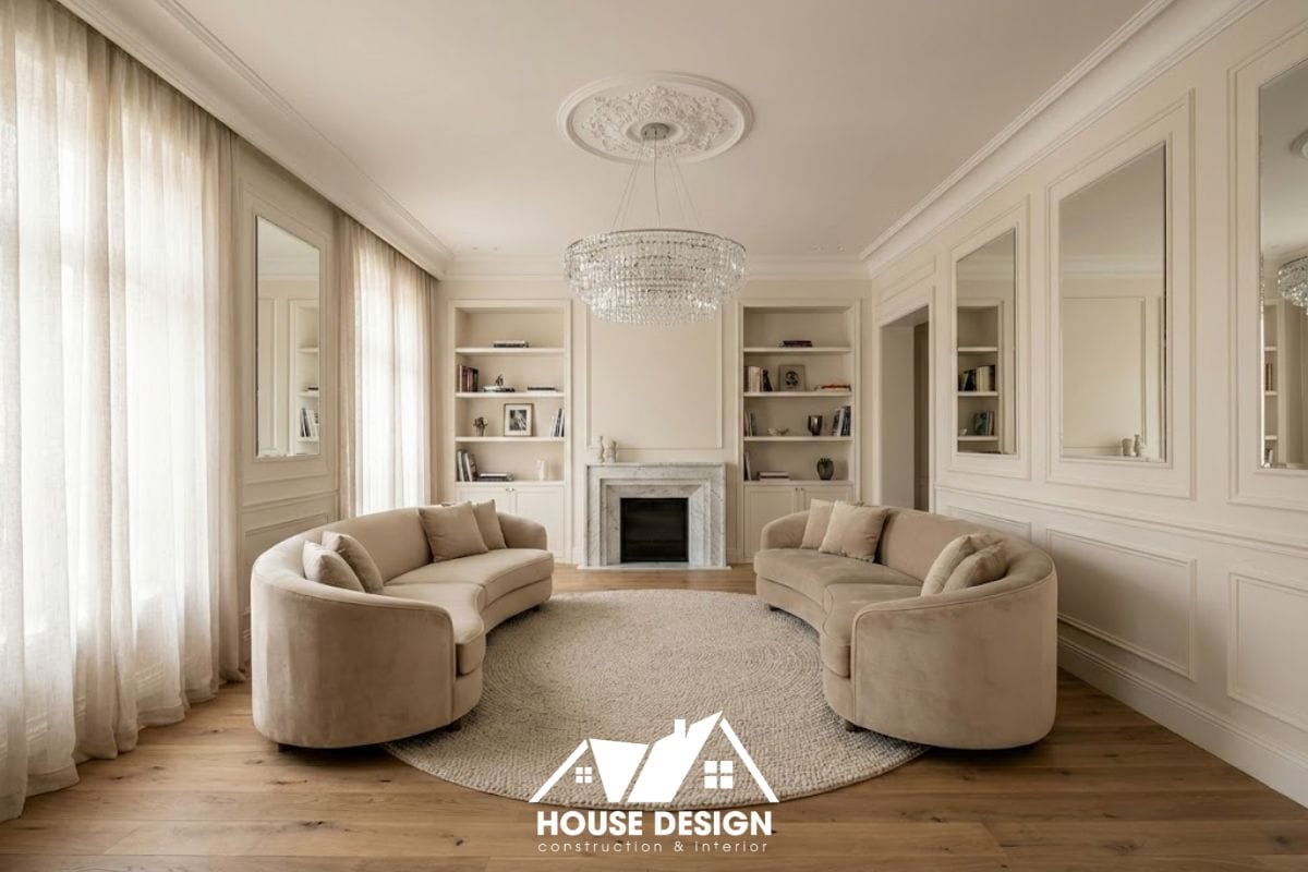 : Tổng thể phòng khách chung cư phong cách tân cổ điển đẹp với bộ sofa màu kem và tường ốp phào chỉ tinh tế.