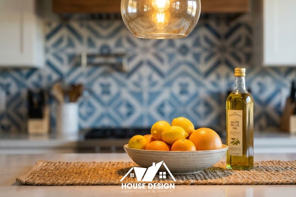 Chi tiết trang trí bàn đảo bếp chung cư phong cách Địa Trung Hải với gốm sứ và đèn thả trần độc đáo.