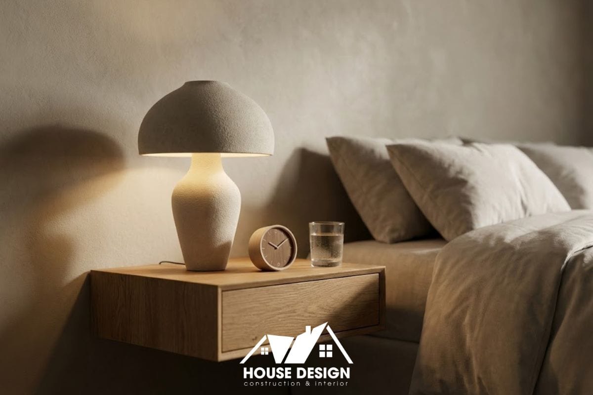 Chi tiết trang trí đầu giường đơn giản với đèn ngủ và lọ hoa trong phòng ngủ tối giản.