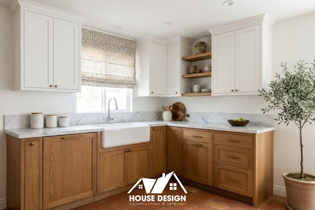 Hệ tủ bếp chữ L màu trắng kết hợp gỗ giúp tối ưu hóa góc chết trong chung cư phong cách Địa Trung Hải.