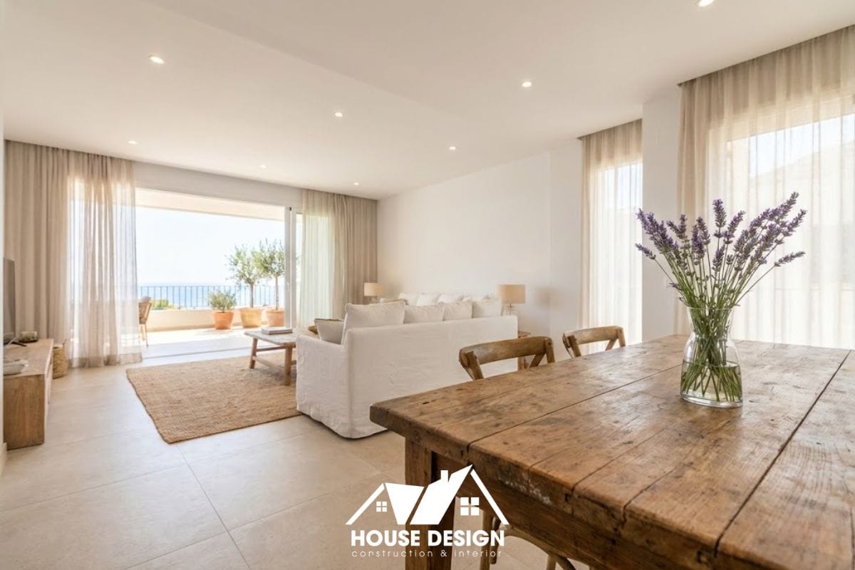 Góc nhìn toàn cảnh từ bàn ăn sang phòng khách trong căn hộ chung cư thiết kế phong cách Địa Trung Hải.