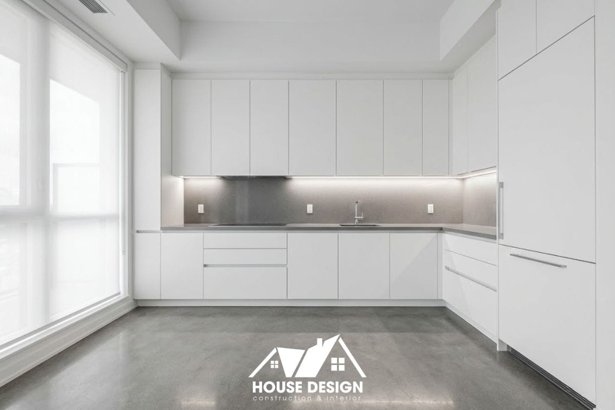 Hệ tủ bếp màu trắng thiết kế phẳng không tay nắm đặc trưng của chung cư phong cách tối giản.