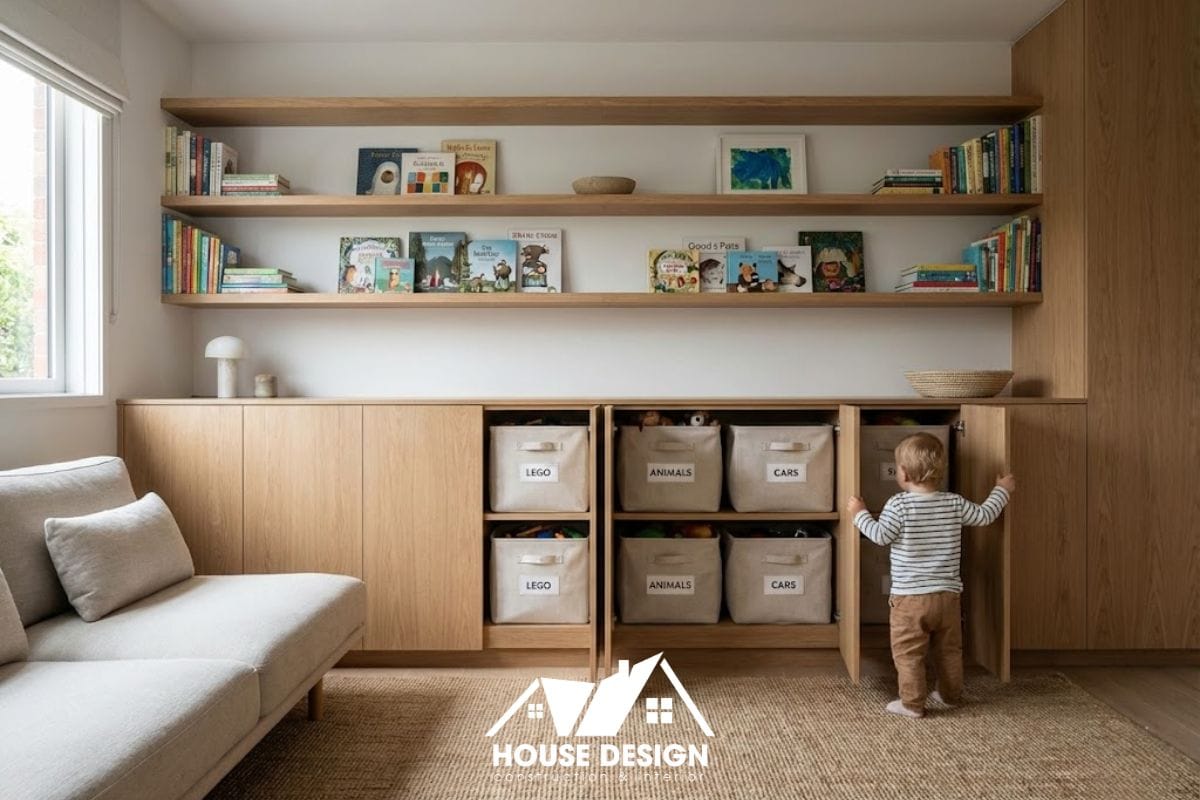 Hệ tủ lưu trữ lớn giúp cất gọn đồ chơi của trẻ, giữ cho chung cư phong cách tối giản luôn ngăn nắp.