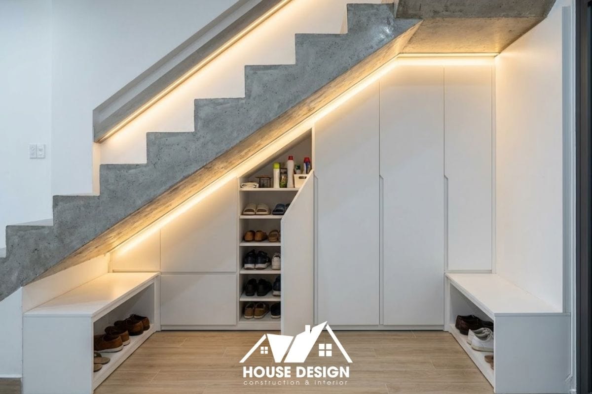 Hệ tủ kho và tủ giày được thiết kế "đo ni đóng giày" khít dưới gầm cầu thang.