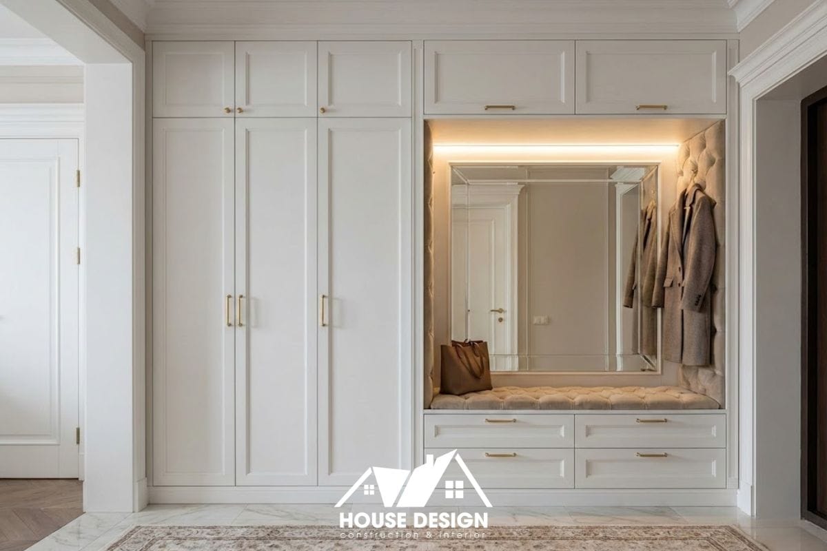 Hệ tủ giày kịch trần màu trắng tích hợp ghế ngồi bọc nệm trong lối vào chung cư phong cách tân cổ điển.