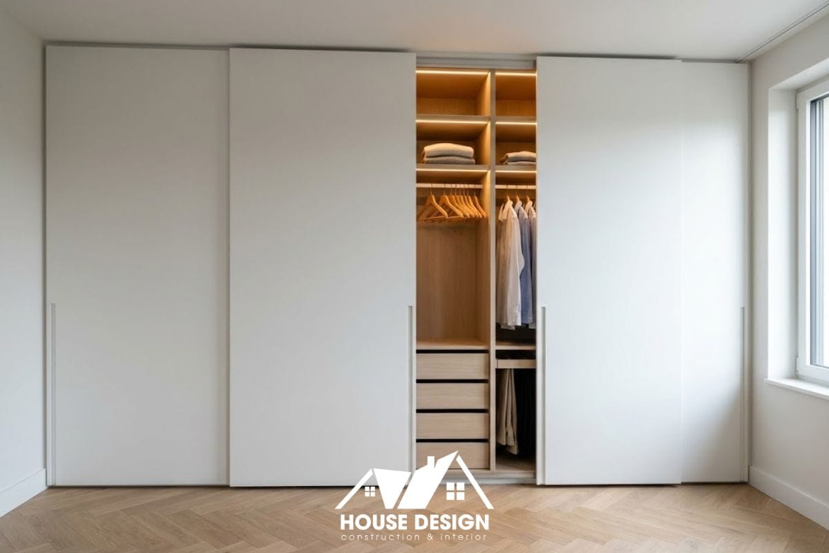 Tủ quần áo âm tường cánh lùa màu trắng đồng bộ với tường trong chung cư phong cách tối giản.