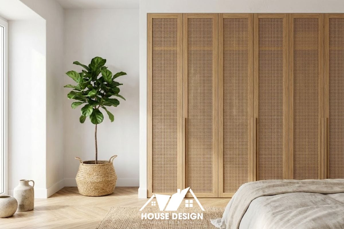 Hệ tủ quần áo âm tường cánh mây mắt cáo đặc trưng trong phòng ngủ chung cư phong cách Địa Trung Hải.