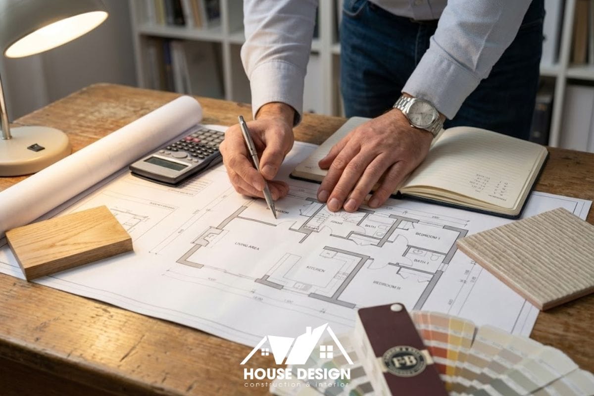 Kiến trúc sư đang tư vấn bản vẽ và bảng dự toán chi phí cải tạo nhà cho gia chủ.