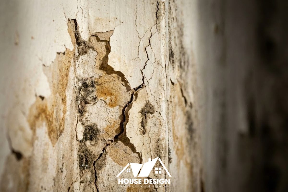 Cận cảnh mảng tường nhà cấp 4 cũ bị bong tróc sơn, nứt chân chim và ẩm mốc do thấm nước lâu ngày.