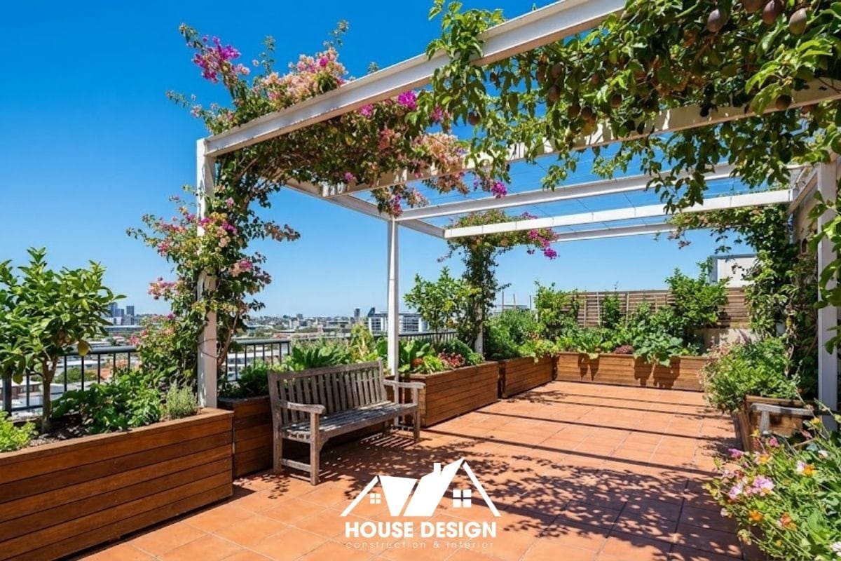 Sân thượng ban ngày rực rỡ với giàn hoa leo che mát và các chậu cây ăn quả, rau xanh.