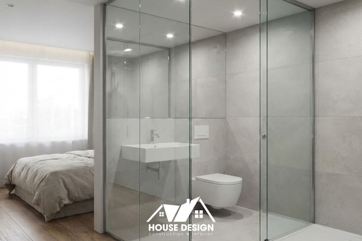 Thiết kế nhà vệ sinh nhỏ trong phòng ngủ sử dụng vách kính cường lực và gạch ốp sáng màu.