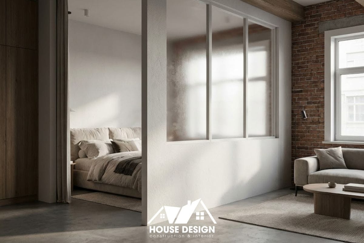 Mẫu vách ngăn thạch cao kết hợp kính mờ phân chia phòng ngủ và phòng khách hiện đại.