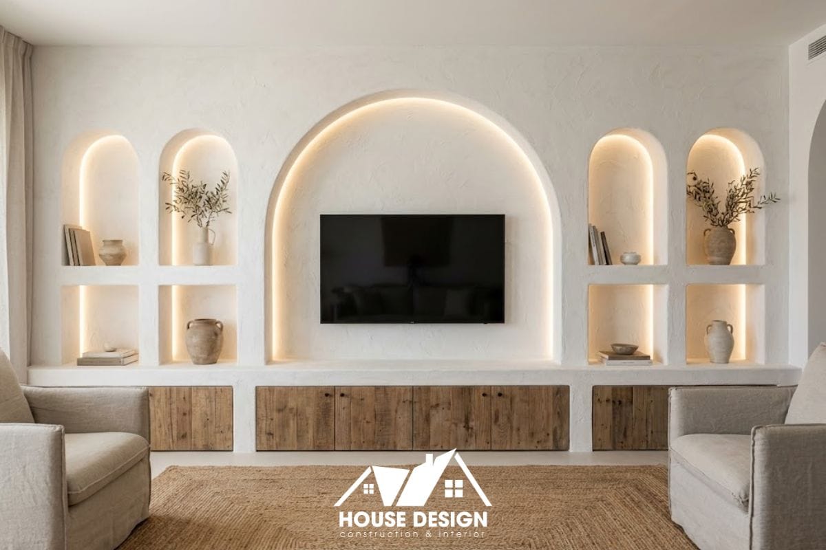 Thiết kế vách tivi chung cư phong cách Địa Trung Hải với các hốc tường hình vòm và sơn hiệu ứng giả cổ.