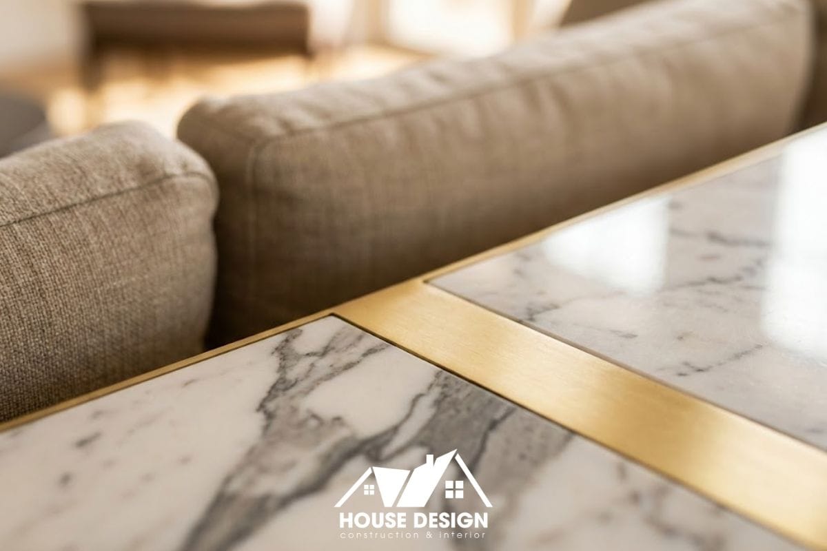 Cận cảnh vật liệu đá marble vân mây và chi tiết kim loại ánh kim trong nội thất chung cư tân cổ điển.