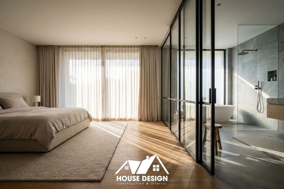 Mẫu thiết kế phòng ngủ có nhà vệ sinh khép kín hiện đại, ngăn cách bằng vách kính sang trọng.