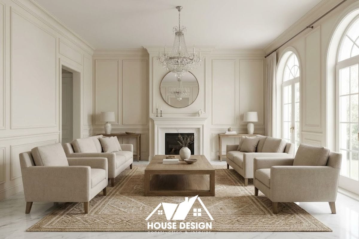 Không gian nội thất chung cư phong cách tân cổ điển với vẻ đẹp bền vững, sử dụng tông màu trung tính sang trọng.