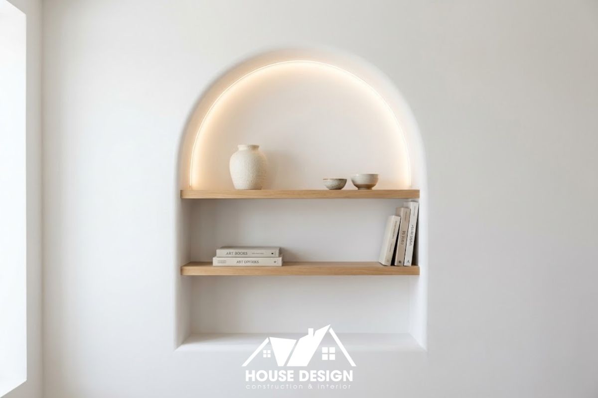 iết kế hốc tường hình vòm âm tường giúp tiết kiệm diện tích và tạo điểm nhấn cho chung cư phong cách Địa Trung Hải.